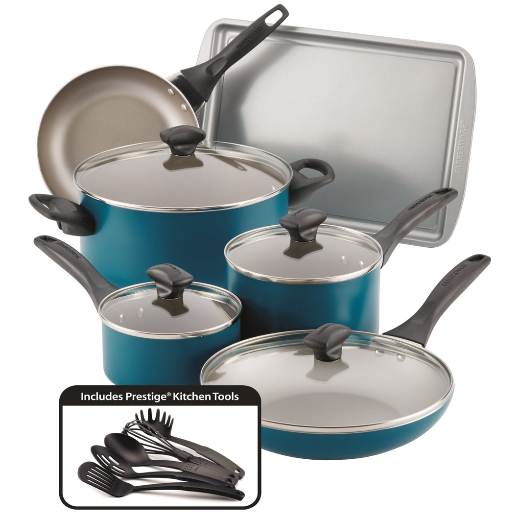 Farberware 20361 Dishwasher Safe Nonstick Cookware Set, Teal - 15 Piece