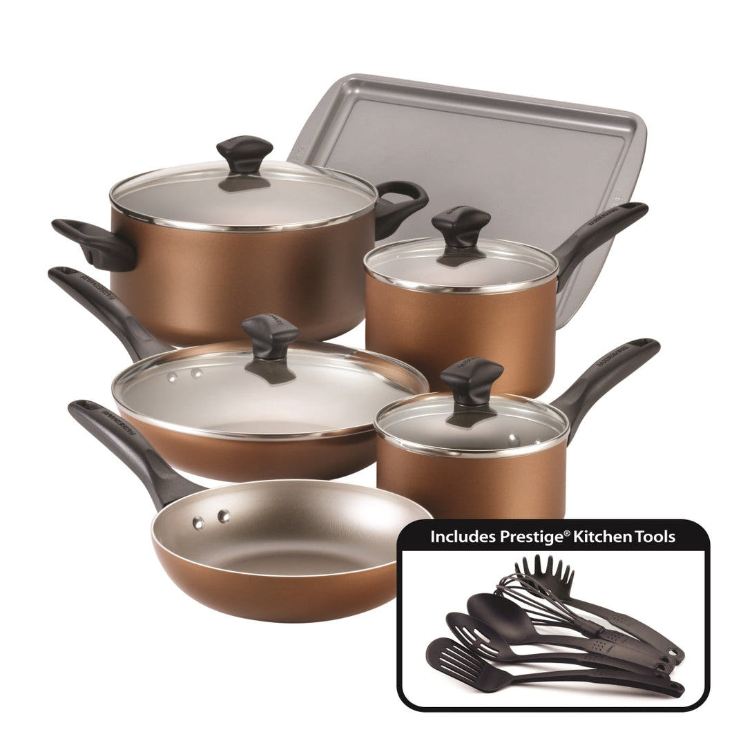 Farberware 21890 Dishwasher Safe Nonstick Aluminum Cookware Set, Copper - 15 Piece