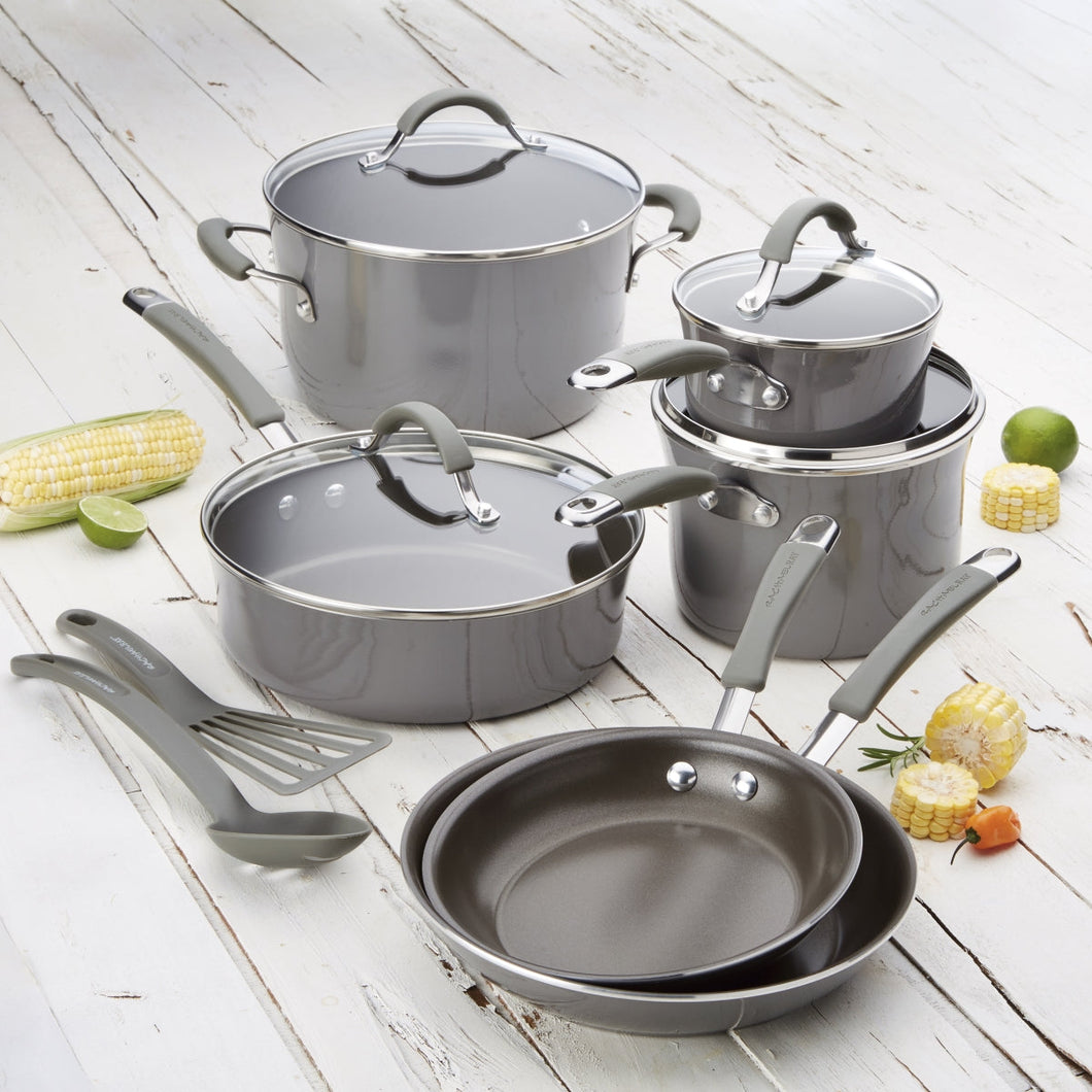 Rachael Ray 16802 Cucina Hard Porcelain Enamel Nonstick Cookware Set, Sea Salt Gray - 12 Piece