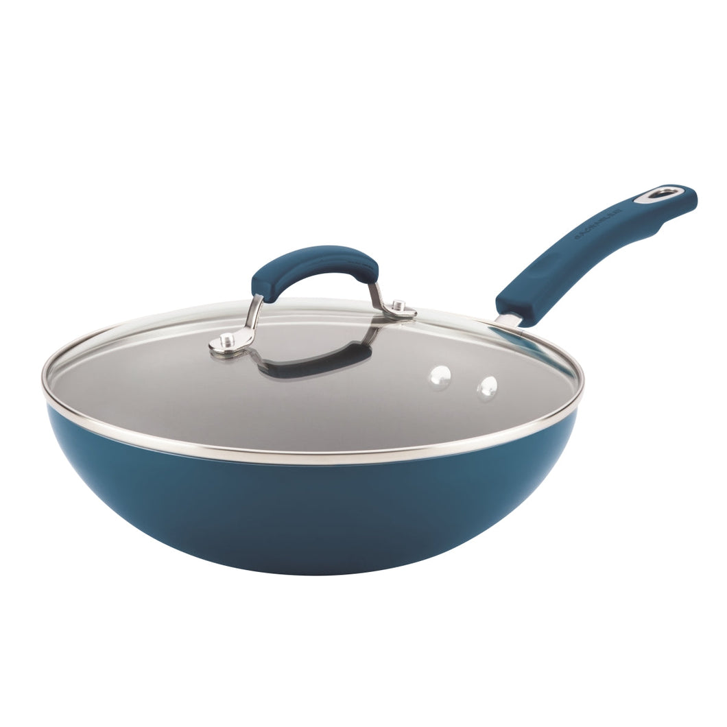 Rachael Ray 17648 Aluminum Nonstick Stir Fry Pan with Glass Lid, Marine Blue Gradient Hard Enamel - 11 in.