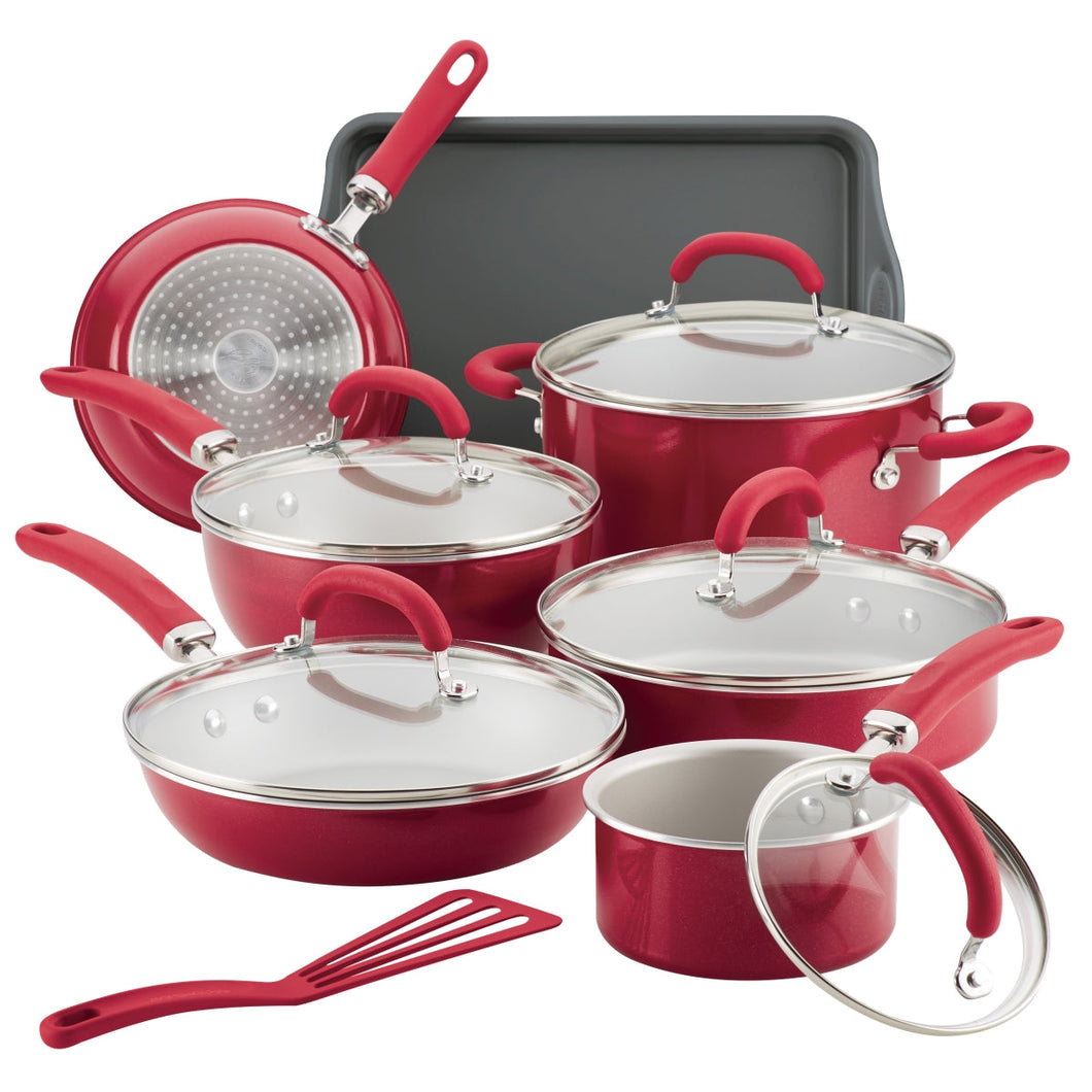 Rachael Ray 12147 Create Delicious Aluminum Nonstick Cookware Set, 13 Piece - Red Shimmer