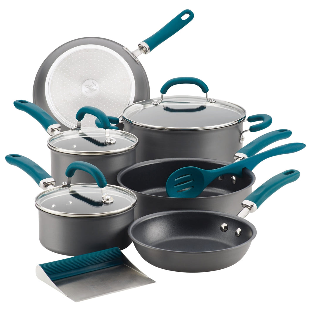 Rachael Ray 81123 Create Delicious Hard-Anodized Aluminum Nonstick Cookware Set, 11 Piece - Teal Handles