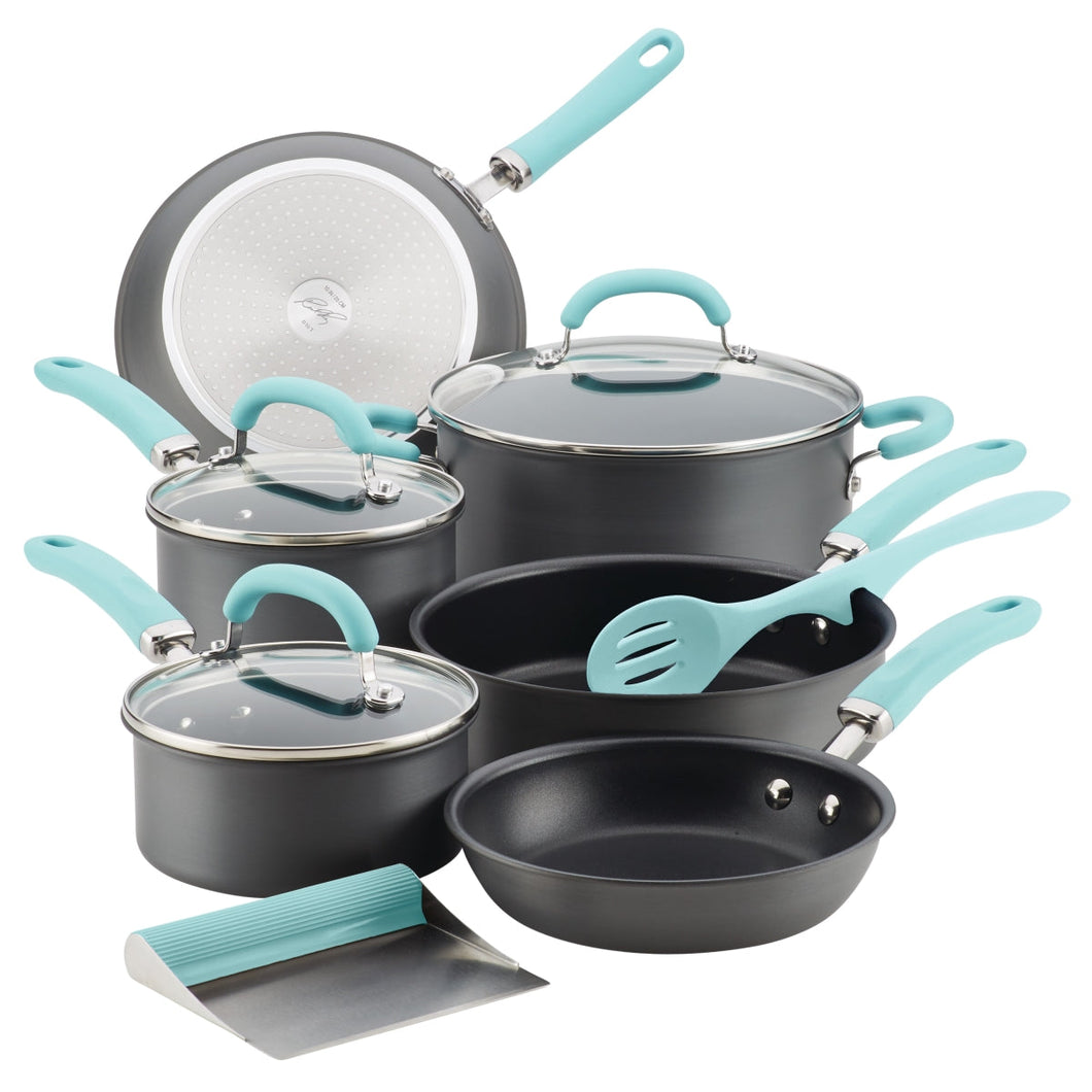 Rachael Ray 81125 Create Delicious Hard-Anodized Aluminum Nonstick Cookware Set, 11 Piece - Light Blue Handles