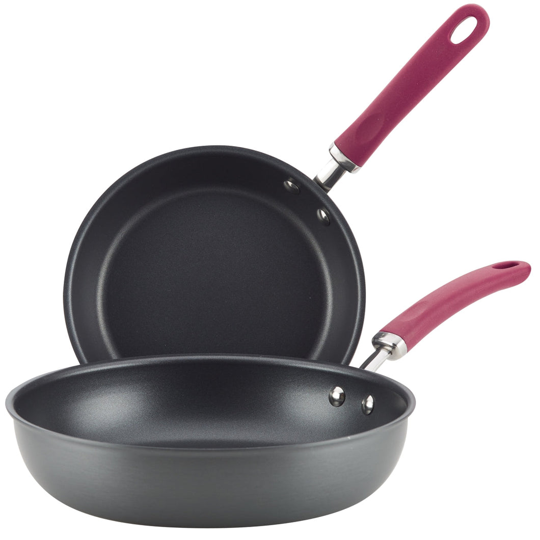 Rachael Ray 81128 Create Delicious Hard-Anodized Aluminum Nonstick Deep Skillet - Pack of 2, 9.5 & 11.75 in. - Burgundy Handles