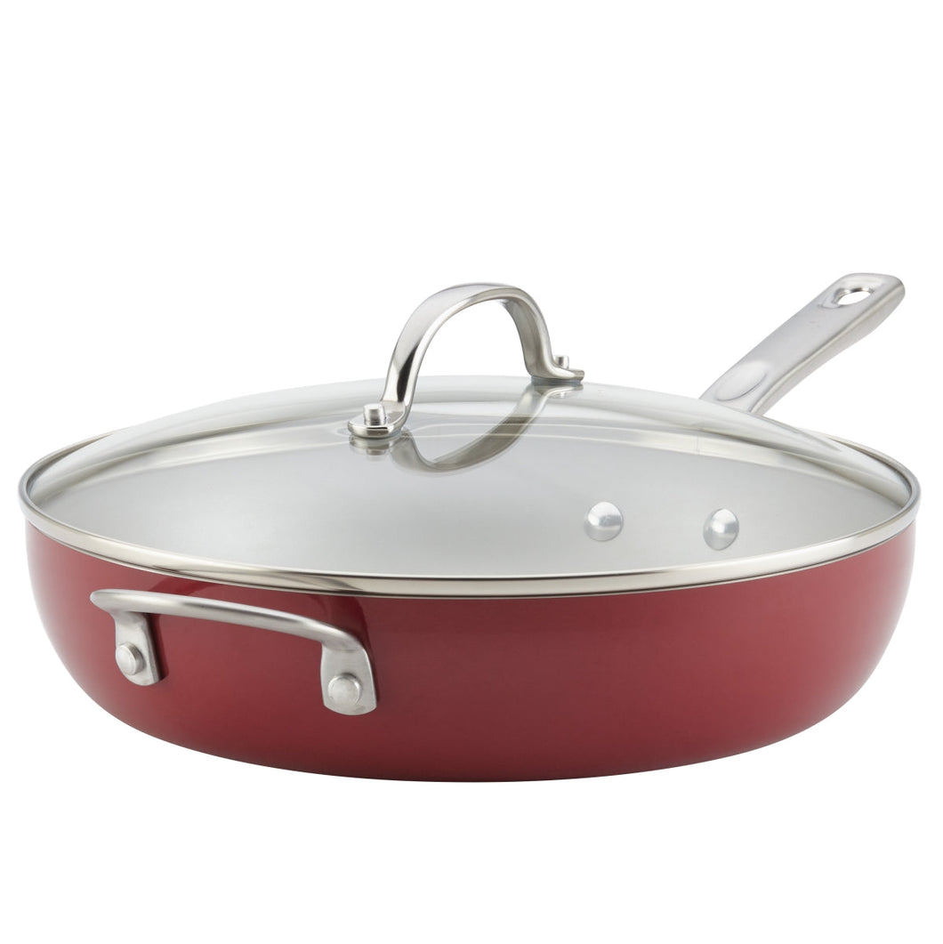 Ayesha Curry 10748 Porcelain Enamel Nonstick Covered Deep Skillet with Helper Handle, 12 in. - Sienna Red