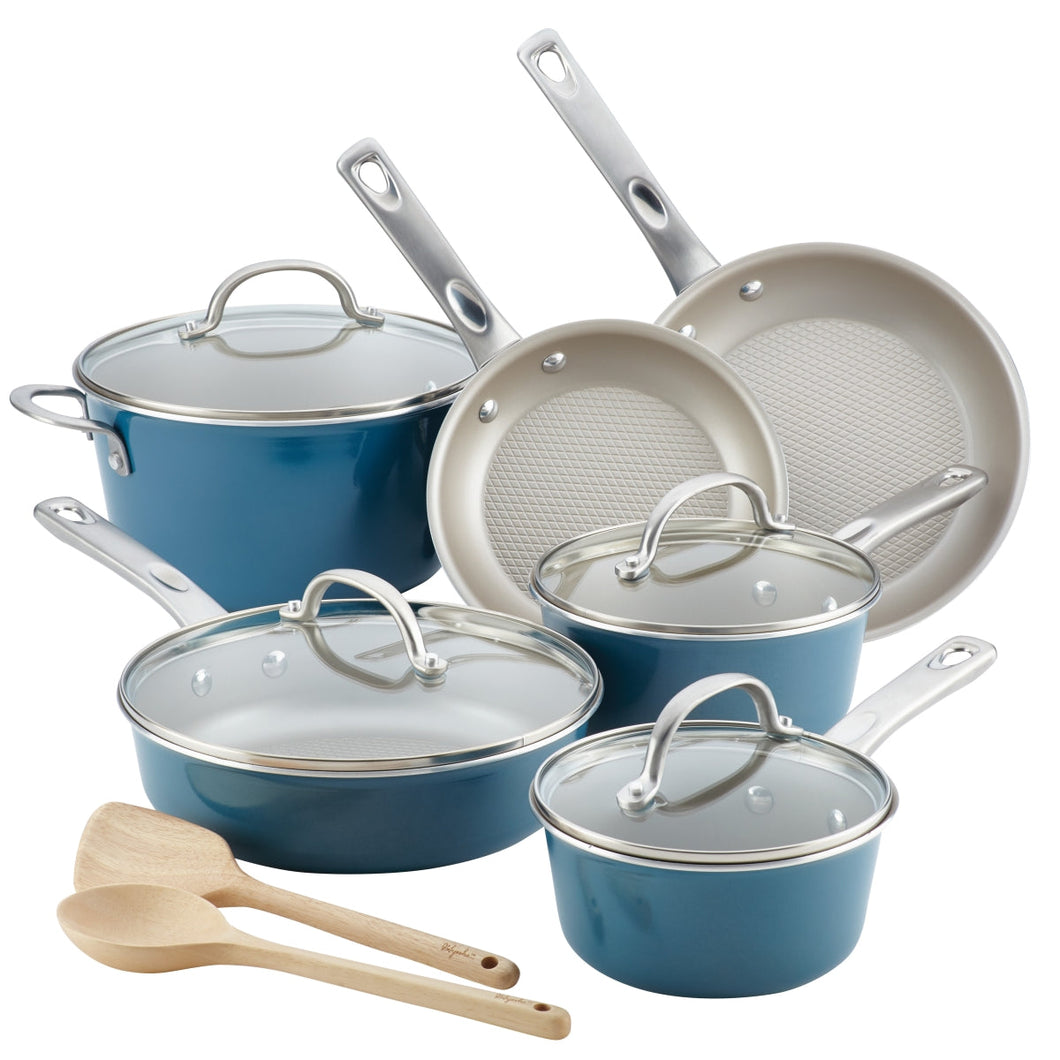 Ayesha Curry 10766 Porcelain Enamel Nonstick Cookware Set, Twilight Teal, 12 Piece