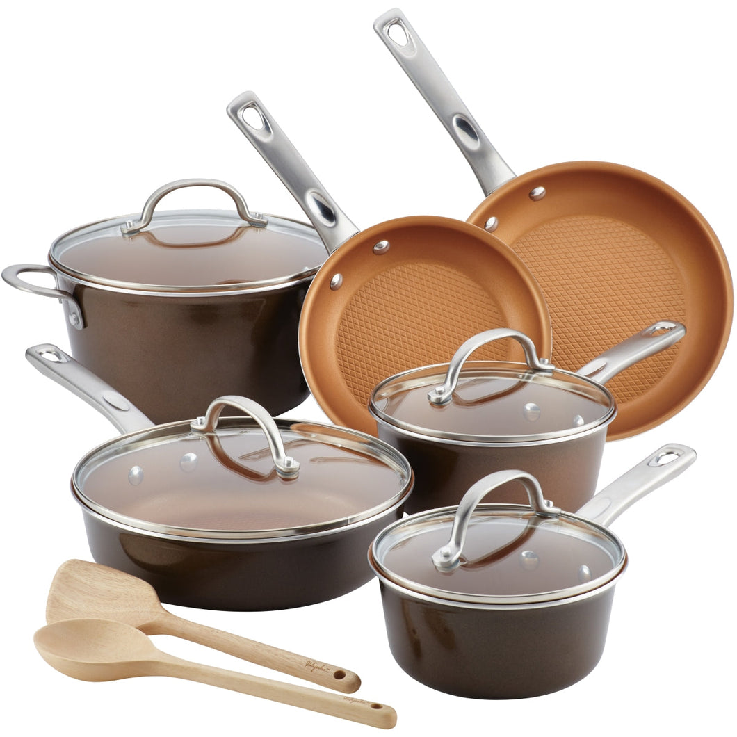 Ayesha Curry 10767 Porcelain Enamel Nonstick Cookware Set, Brown Sugar, 12 Piece