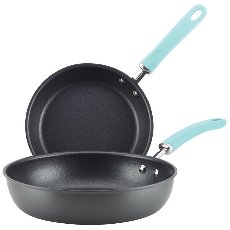 Rachael Ray 81129 9.5 x 11.75 in. Create Delicious Hard-Anodized Aluminum Nonstick Deep Skillet Twin Pack, Light Blue Handles