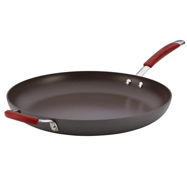 Rachael Ray 87631 Cucina Hard-Anodized Nonstick 14 in. Skillet With Helper Handle, Gray With Cranberry Red Handles