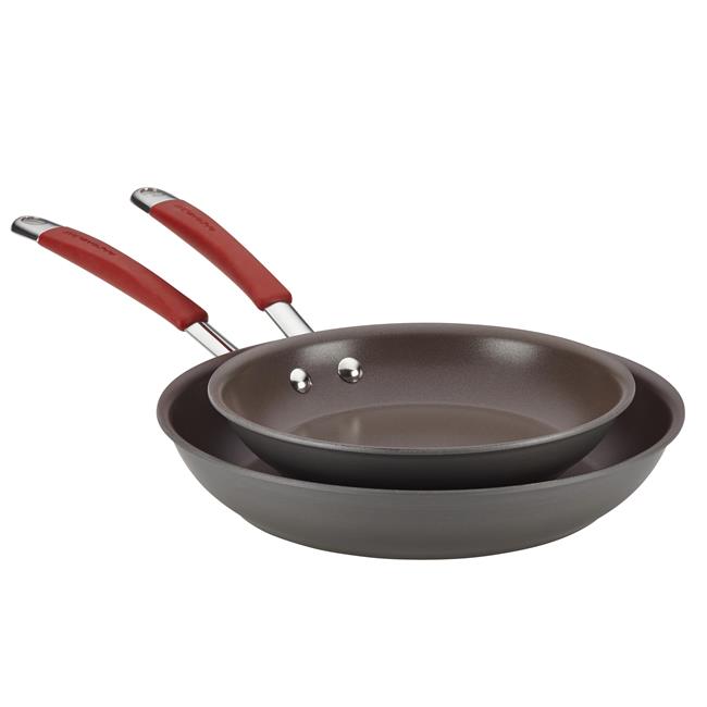 Rachael Ray 87633 Cucina Hard-Anodized Nonstick Twin Pack Skillet Set, Gray With Cranberry Red Handles