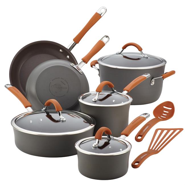 Rachael Ray 87635 Cucina Hard-Anodized Nonstick 12-Piece Cookware Set, Gray With Pumpkin Orange Handles